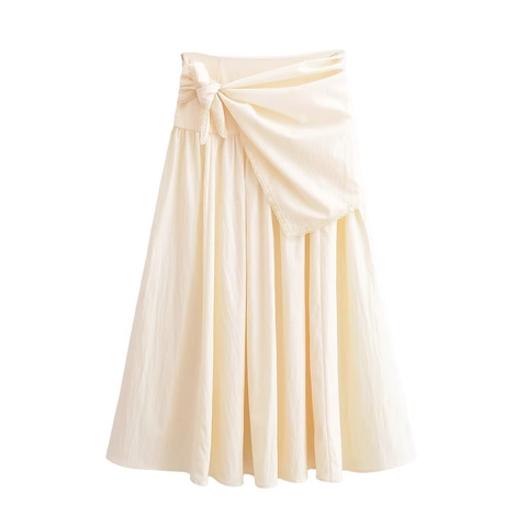 Falda Midi De Mujer Cintura Alta Encaje Cinturón A-Línea Elegante Street Style Liso Blanco Crema Poliéster