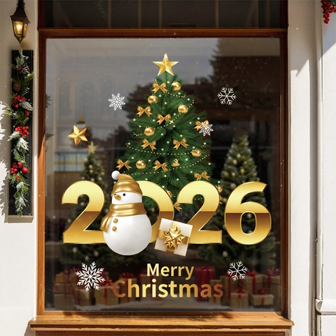 2026 Christmas Window Stickers PVC Static Cling Snowman Tree Glass Door Decals For Holiday Shop Mall Atmosphere Decor
