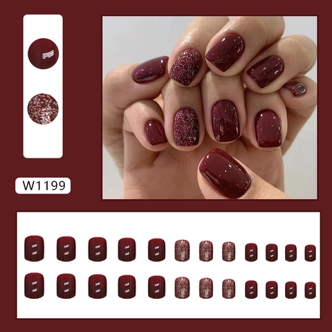 Unghie Finte Rosso Vino Borgogna Glitter Lucido Corto Quadrato Tondo Plastica Manicure Moda Per Donne