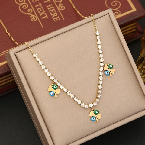 Collana Tennis Malocchio Acciaio Inossidabile Placcato Oro Zirconia Smalto Trifoglio Stella Fiore Pendente Collane Donne