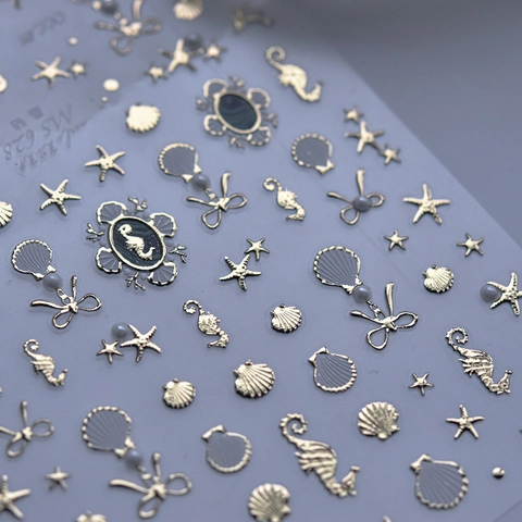 Pegatinas Uñas Relieve Serie Océano Caballito Mar Concha Estrella Mar Lazo Perla Artificial Decoración DIY Autoadhesiva Mujeres