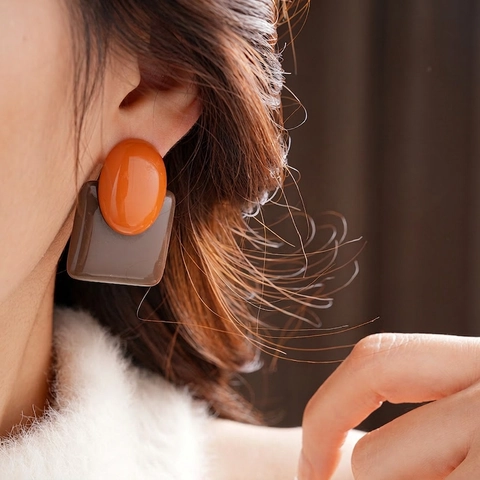 Pendientes Geométricos Retro Resina Acrílico Color En Contraste Con Poste De Plata Moda Maillard Vintage Para Mujer