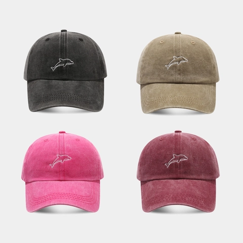 Washed Cotton Baseball Cap With Dolphin Embroidery Vintage Distressed Sun Protection Breathable Dad Hat For Men Women
