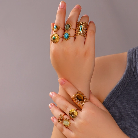Vintage Stainless Steel Ring 18K Gold Plated Natural Stone Inlaid Adjustable Opening Retro Boho Style For Women