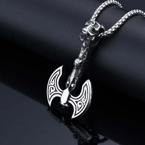 Stainless Steel Battle Axe Pendant Necklace Viking Nordic Mythology Skull Totem Gothic Punk Style Men Box Chain