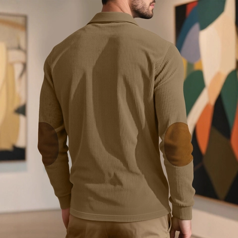 Men Corduroy Polo Shirt Long Sleeve Retro Casual Pullover Top With Elbow Patches Outdoor Vintage Style For Men