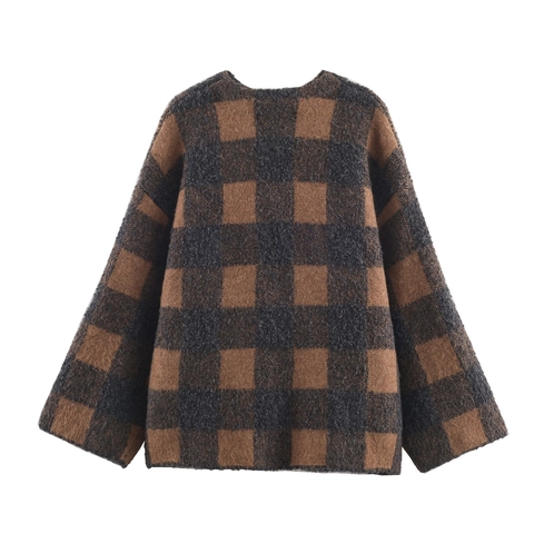 Vintage Karierte Strickjacke Mantel Rundhals Knopfleiste Langarm Taschen Streetwear Damen