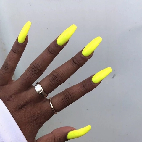 Coffin Press On Nägel Neon Gelb Lange Ballerina Glänzend Künstliche Nägel Full Cover Falsche Nägel Für Damen
