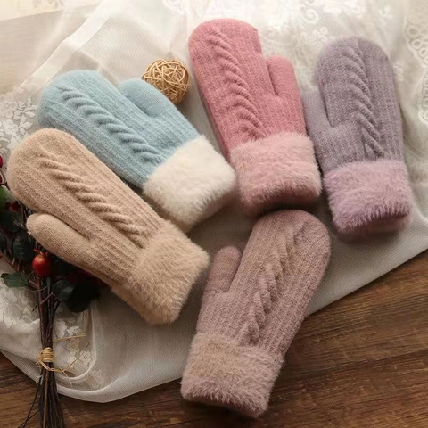 Women Winter Warm Mittens Cable Knit Fleece Lined Thickened Faux Fur Cuff Soft Thermal Handwear