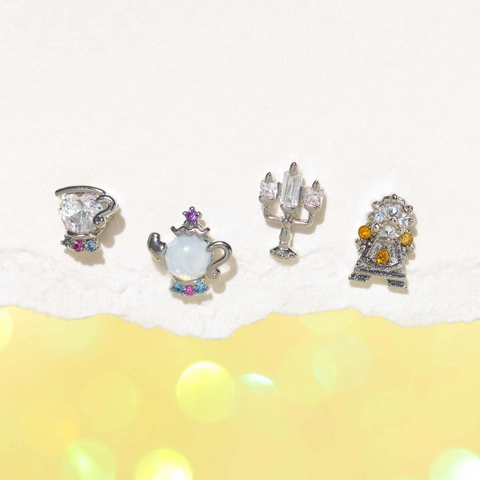 Boucles D'oreilles Nouveauté Conte De Fée Théière Tasse Chandelier Horloge Zircon Avec Tige En Argent Bijoux Dorés Pour Femmes