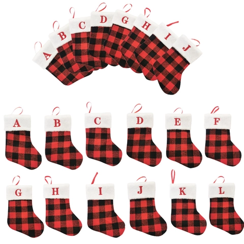 Calza Di Natale Quadri Rosso Nero Ricamo Di Lettere Polsino In Peluche Ornamento Da Appendere Sacchetto Regalo
