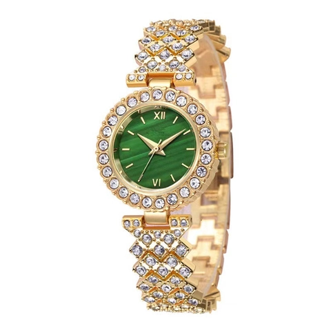 Luxury Women Quartz Wrist Watch Rhinestone Inlay Green Dial Roman Numerals Alloy Bracelet Elegant Fashion Timepiece