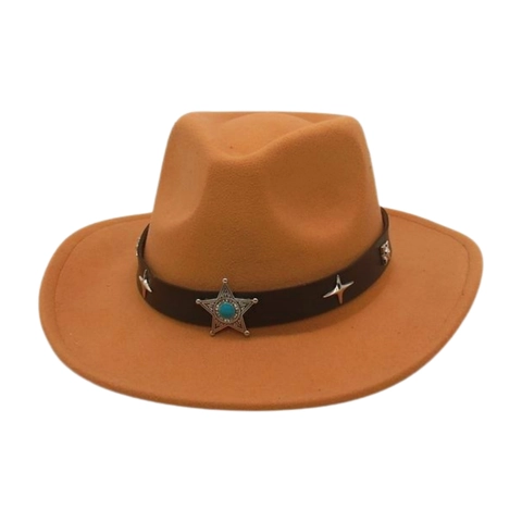 Western Cowboy Hat Retro Polyester Felt Fedora With Leather Band Turquoise Star Metal Studs Ethnic Style For Men Women