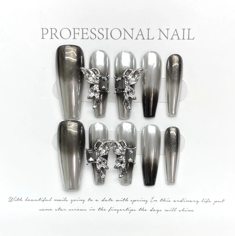 Press On Nails Lang Coffin Silber Schwarz Aurora Gradient Metallisch Spiegel Schmetterling 3D Legierung Dunkel Punk Damen