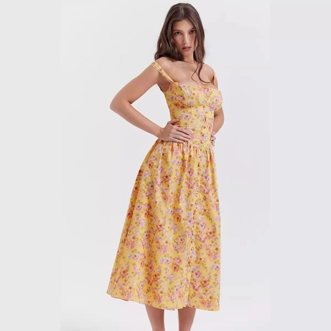Women Floral Print Midi Dress Spaghetti Strap A-Line Sleeveless Polyester Button Front Cottagecore Holiday Apparel
