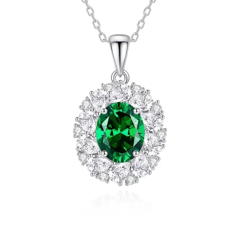 925 Sterling Silver Oval Pendant Necklace For Women Emerald Green Rhinestone Clavicle Chain Elegant Fashion Jewelry Gift