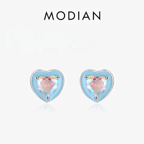 Pendientes De Corazón Plata De Ley 925 Circonita De Corazón Colorida Borde Esmalte Azul Claro Joyería Dulce Mujer
