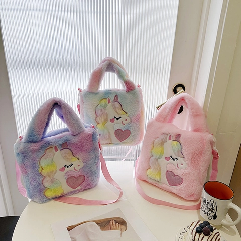 Kids Plush Unicorn Shoulder Bag Tie Dye Rainbow Faux Fur Crossbody Handbag With Sequin Heart For Girls