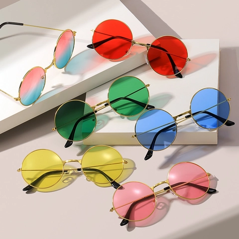Retro Round Sunglasses Metal Frame Colorful Resin Lens UV Protection Hippie Style Eyewear For Men Women Fashion