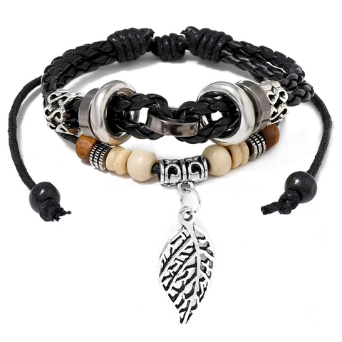 Bracciale Multistrato In Pelle PU Con Ciondolo Foglia In Lega E Perline In Legno Regolabile Vintage Bohemian