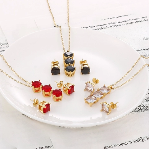 Elegante Collar Y Pendientes De Acero Inoxidable Con Circonia Joyería Para Mujer Colgante Geométrico Redondo Cuadrado Para Fiesta