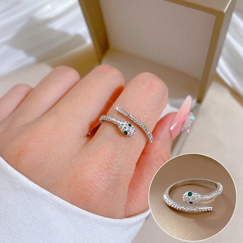Slang Ring Titanium Staal Open Verstelbaar Met Groene Ogen Witte Strass Minimalistische Sieraden Voor Dames Heren