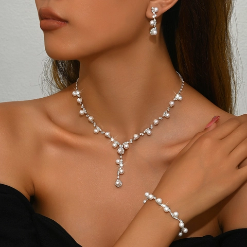 Elegant Copper Artificial Pearl Rhinestone Jewelry Set For Women Including Y-Shaped Necklace Drop Earrings And Adjustable Bracelet Wedding Party Evening Accessory