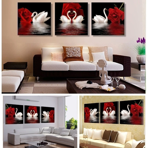 Modern Rose Canvas Wall Art Triptych Floral Swan Wall Decor For Living Room Bedroom Minimalist Unframed Framed Painting