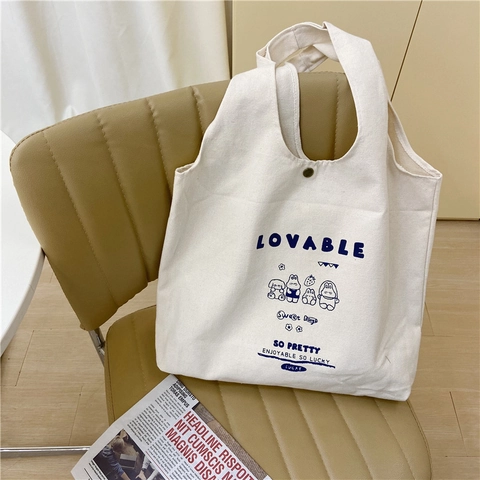 Borsa Tote In Tela Con Stampa Animali Cartoni Animati Grande Capacità Borsa A Mano Bottone Magnetico Per Donne