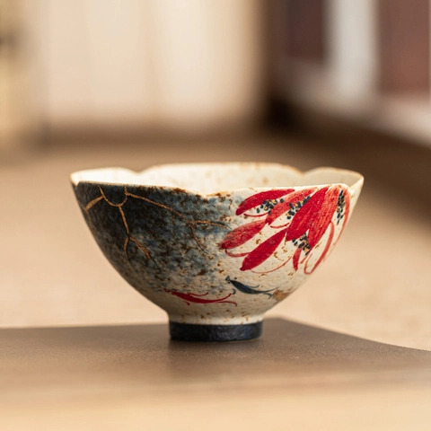 Tazza Da Tè In Ceramica Fatta A Mano Blu Bianco Flint Rosso Dipinta A Mano Loto Koi Dorata Kung Fu Vintage