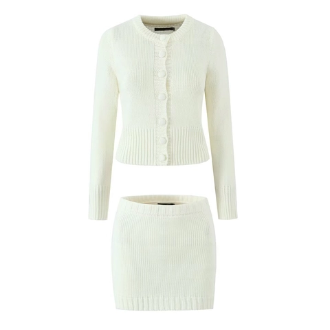 Knit Cardigan And Mini Skirt Slim Fit Long Sleeve Round Neck Button Front Solid Color Chic Casual Elegant For Women