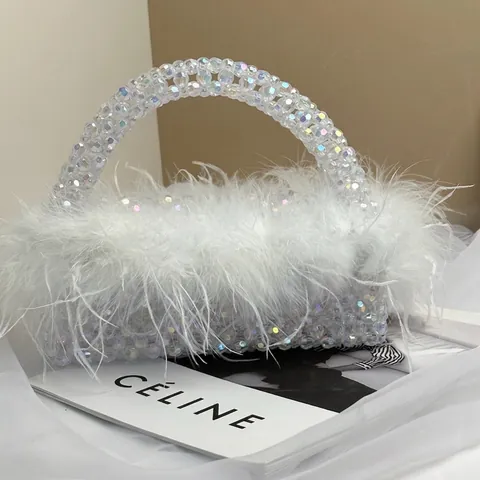 Ostrich Feder Perlen Handtasche Retro Elegant Handgefertigte Acryl Perlen Abendtasche Für Damen Party