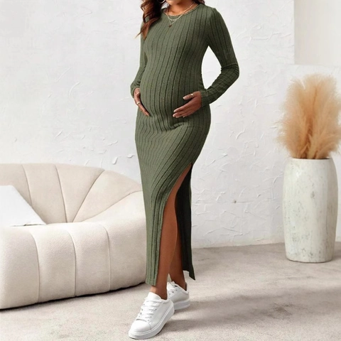 Robe De Maternité En Tricot Côtelé Manches Longues Col Rond Coupe Slim Fente Latérale Robe Longue Grossesse Pour Femmes