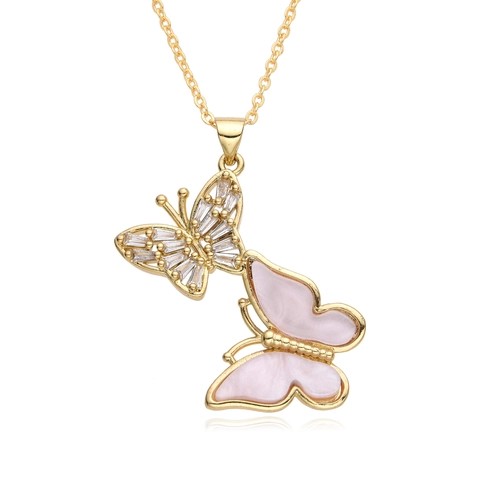 Fashion Copper Dual Butterfly Pendant Necklace For Women Micro Rhinestone Inlaid Gold Plated Chain Necklace Jewelry Gift