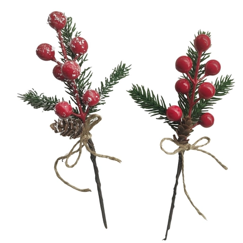 Pics De Pin Artificiels De Noël Avec Baies Rouges Pommes De Pin Et Nœud En Corde De Chanvre Décor De Flocon De Neige Pour Sapins