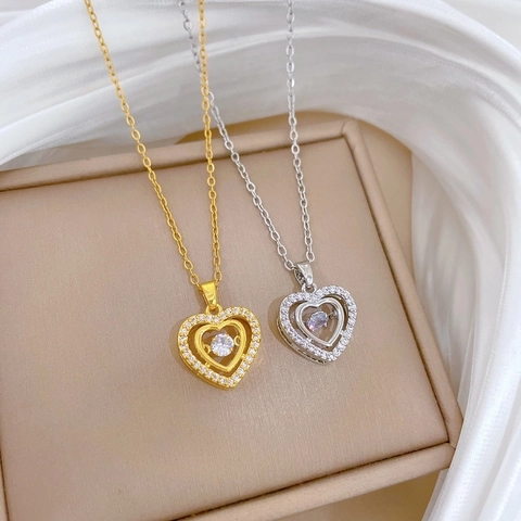Collar Colgante Corazón Piedra Danzante Acero Titanio Cobre Zirconia Lujo Ligero Cadena Ajustable Joyería