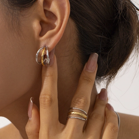 Two-Tone Hoop Stud Earrings Stainless Steel Geometric C-Shape Twisted Minimalist Waterproof Hypoallergenic Jewelry For Women