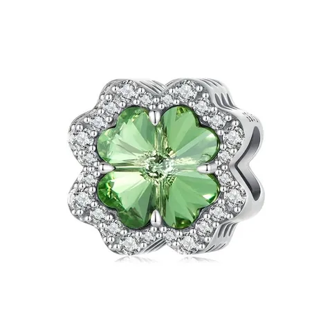 925 Sterling Silver Green Four-leaf Clover Charm Bead Zirconia Glass Inlaid Hollow Lucky Beads Jewelry For DIY Bracelet