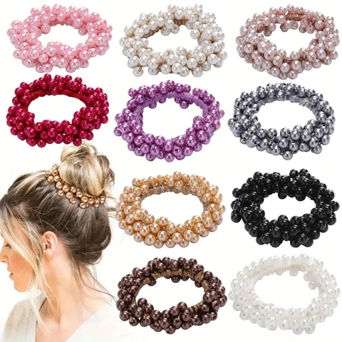 Handmade Faux Artificial Pearl Beaded Hair Ties High Elastic Elegant Ponytail Holder Scrunchies For Women Girls Daily Accessory