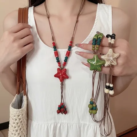 Sea Star Pendant Necklace Handmade Ceramic Colorful Beaded Wax Rope Tassel Bohemian Beach Resort Style For Women