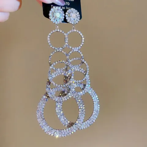 Orecchini Pendenti A Cerchio Circolare Multistrato Esagerati Di Lusso Con Strass AB E Perno In Argento