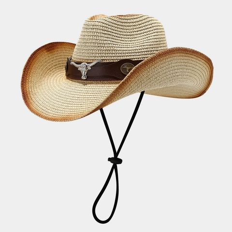 Western Cowboy Straw Hat Wide Brim Breathable Sun Protection With Bull Head Leather Belt And Adjustable Windproof Rope