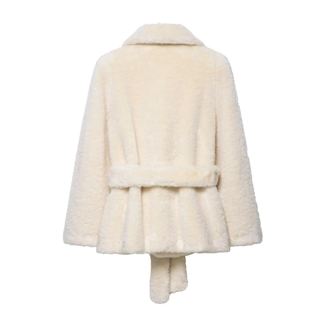 Faux Fur Coat Women Elegant Warm Plush Jacket With Belt Lapel Long Sleeve Solid Color Fashionable Outerwear Cream White