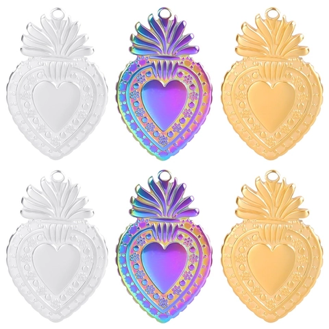 Collier Pendentif Cœur Sacré Acier Inoxydable Flamme Fleur Gaufrée Milagro Heart Bijoux Folk Pour Hommes Femmes