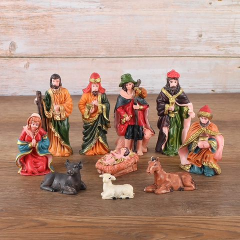 Nativity Scene Christmas Manger Figurines Resin Hand Painted Holy Family Desktop Ornaments Religious Decorative