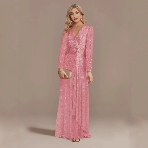 Abito Da Sera Con Paillettes Scollo A V Manica Lunga Lunghezza Pavimento Sirena Formale Banchetto Festa Donna Elegante