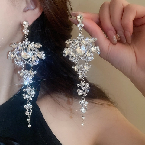 Pendientes De Botón Con Borlas De Pedrería Con Flor De Cristal Y Poste De Plata De Ley 925 Cobre Lujo Para Mujer