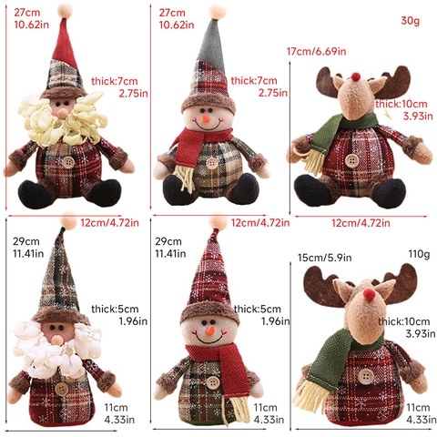 Christmas Tree Hanging Ornaments Plaid Fabric Doll Santa Claus Snowman Reindeer Plush Hanging Decor For Holiday Party Home Gifts