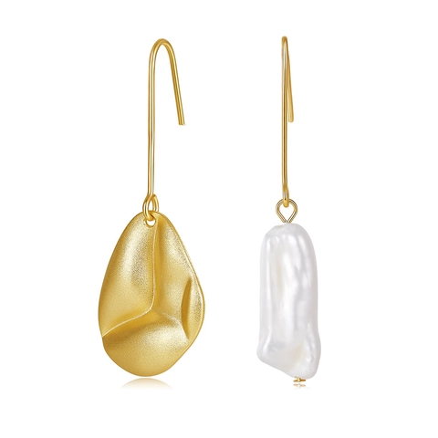 Pendientes Vintage Franceses con Perlas Barrocas Asimétricas Poste de Plata de Ley 925 Pendientes Colgantes Oro Mujer