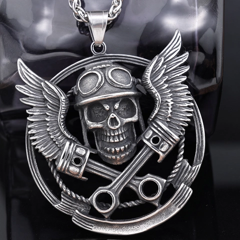 Totenkopf Anhänger Halskette 316L Edelstahl Biker Helm Flügel Schraubenschlüssel Zahnrad Punk Gothic Schmuck Für Herren